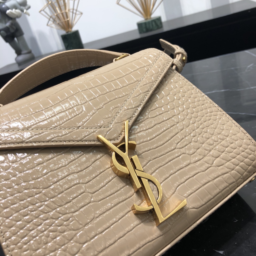 Saint Laurent Cassandera Mini Crocodile Embossed Bright Calfskin Handbag Shoulder Bag Apricot 623930